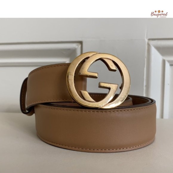 Authentic Gucci Beige Calfskin Leather Gold Interlocking G Buckle Belt 95/38 - Picture 12 of 13
